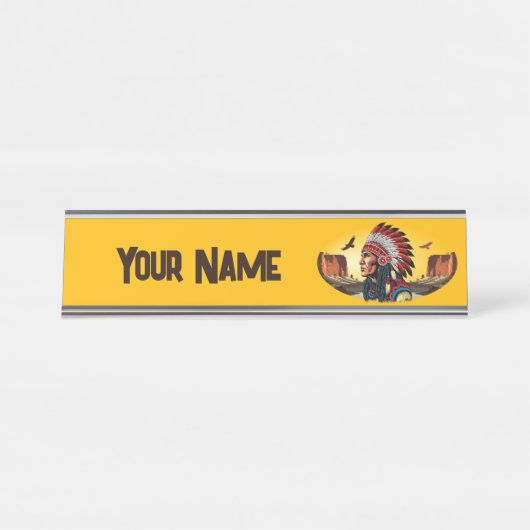 Indiaanse opperhoofd op wild landschap Sunset Pen Bureau Naambordje (Voorkant)