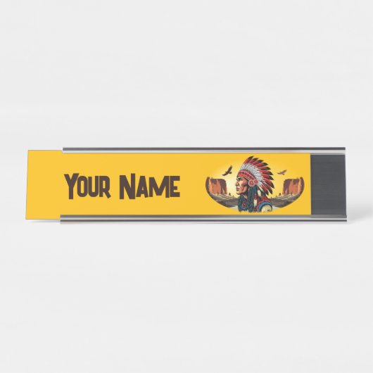 Indiaanse opperhoofd op wild landschap Sunset Pen Bureau Naambordje (Voorkant)