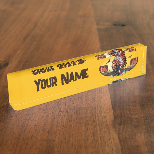 Indiaanse opperhoofd op wild landschap Sunset Pen Naambordje (Zijkant)