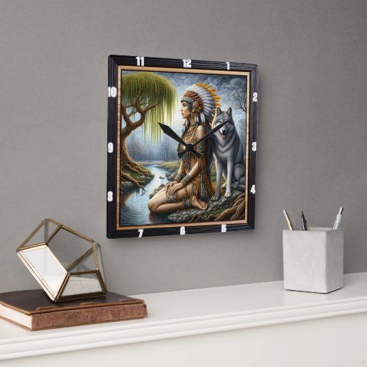 Indiaanse tijdwaarnemer: Wolf en Maiden's Glade Vierkante Klok (Kantoor)