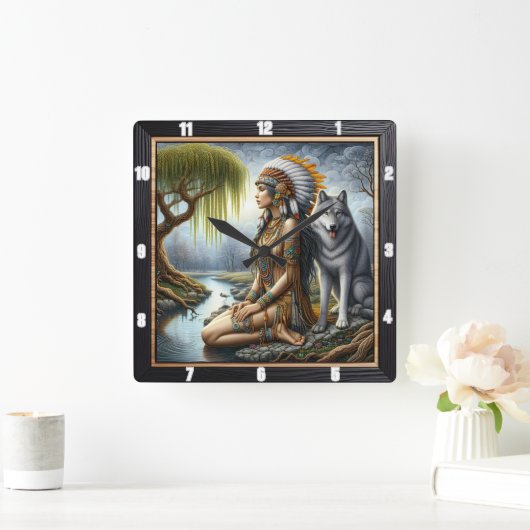 Indiaanse tijdwaarnemer: Wolf en Maiden's Glade Vierkante Klok (Huis)