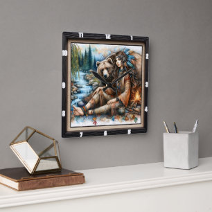 Indiaanse vrouw Beer Fire Vierkante Klok