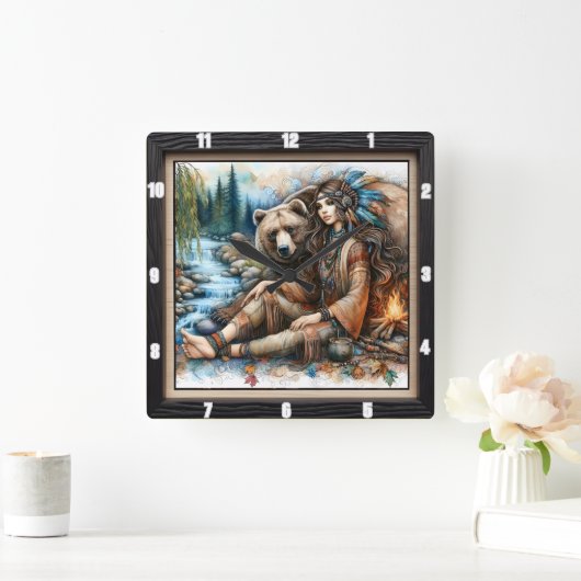 Indiaanse vrouw Beer Fire Vierkante Klok (Huis)