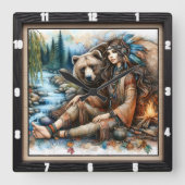 Indiaanse vrouw Beer Fire Vierkante Klok (Voorkant)