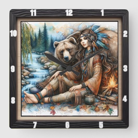 Indiaanse vrouw Beer Fire Vierkante Klok (Voorkant)