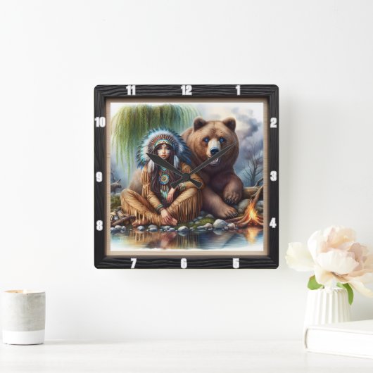 Indiaanse vrouw Beer Harmony Vierkante Klok (Huis)