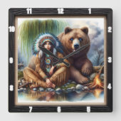 Indiaanse vrouw Beer Harmony Vierkante Klok (Voorkant)