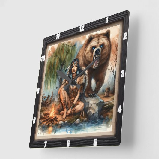 Indiaanse vrouw Beer kunst Vierkante Klok (Hoek)