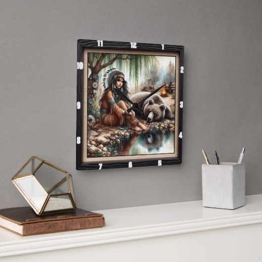 Indiaanse vrouw Beer Spirit Vierkante Klok (Kantoor)