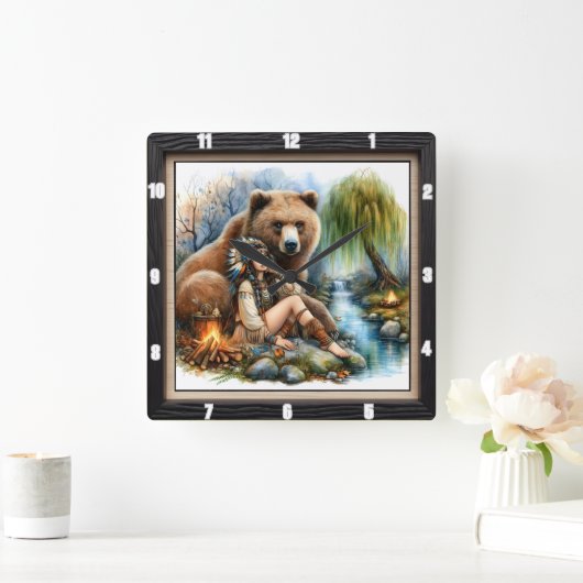 Indiaanse vrouw Beer Tree Vierkante Klok (Huis)