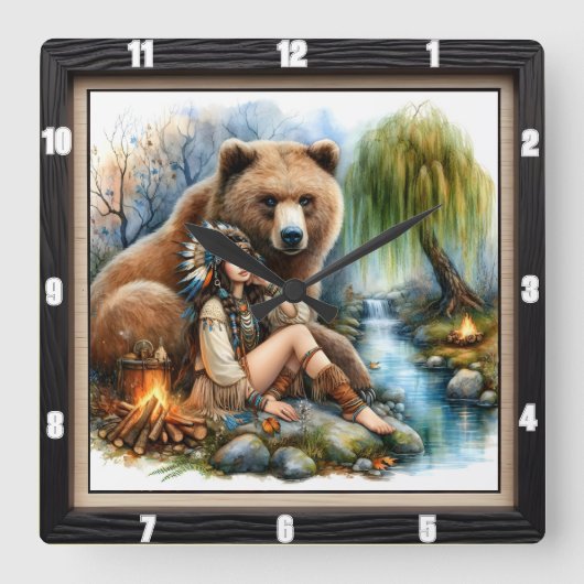 Indiaanse vrouw Beer Tree Vierkante Klok (Voorkant)