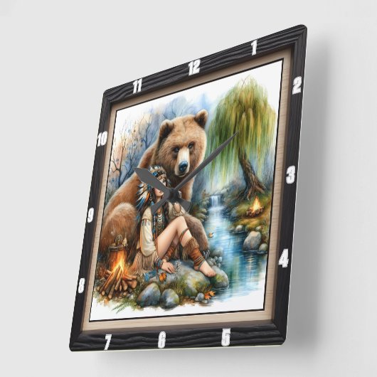 Indiaanse vrouw Beer Tree Vierkante Klok (Hoek)