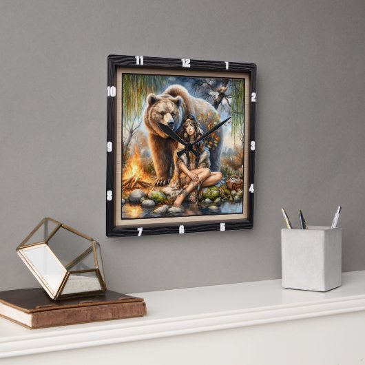 Indiaanse vrouw Beer Wilderness Vierkante Klok (Kantoor)