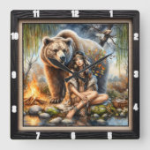 Indiaanse vrouw Beer Wilderness Vierkante Klok (Voorkant)