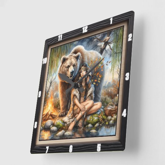 Indiaanse vrouw Beer Wilderness Vierkante Klok (Hoek)