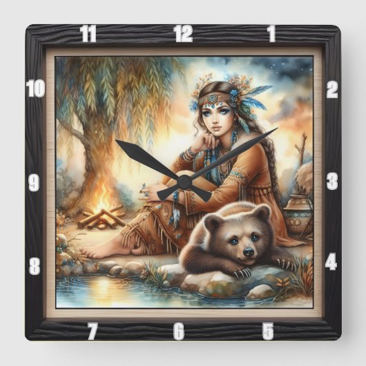 Indiaanse vrouw Beer Willow Vierkante Klok (Voorkant)