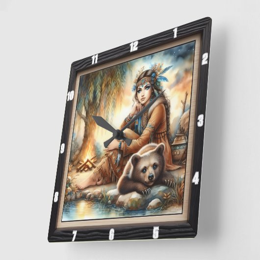 Indiaanse vrouw Beer Willow Vierkante Klok (Hoek)