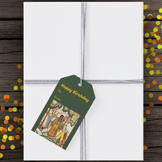 Indiaanse vrouw Bossen Waterval borduurwerk Cadeaulabel