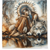Indiaanse vrouw en wolf bij het serene water douchegordijn (Voorkant)