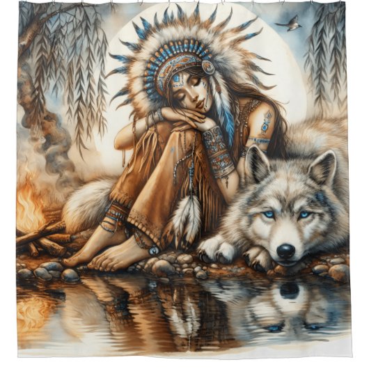 Indiaanse vrouw en wolf bij het serene water douchegordijn (Voorkant)