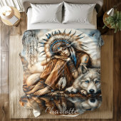 Indiaanse vrouw en wolf bij het serene water fleece deken