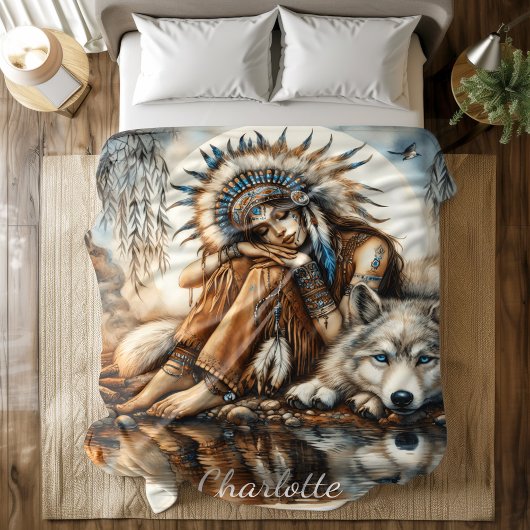 Indiaanse vrouw en wolf bij het serene water fleece deken