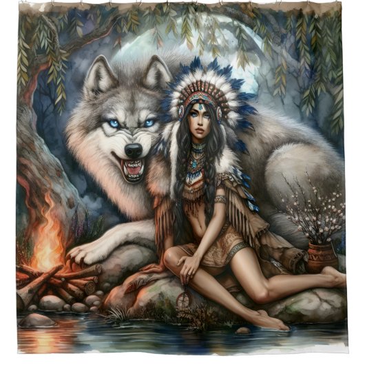Indiaanse vrouw en wolf in het bos douchegordijn (Voorkant)