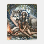 Indiaanse vrouw en wolf in het bos fleece deken (Voorkant)