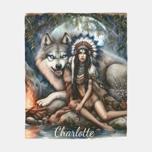 Indiaanse vrouw en wolf in het bos fleece deken (Voorkant)