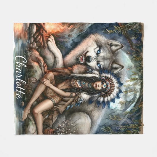 Indiaanse vrouw en wolf in het bos fleece deken (Voorkant (Horizontaal))