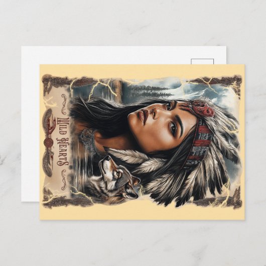 Indiaanse vrouw en wolf  ontwerp briefkaart (Voorkant / Achterkant)