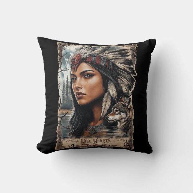 Indiaanse vrouw en wolf  ontwerp kussen (Voorkant)
