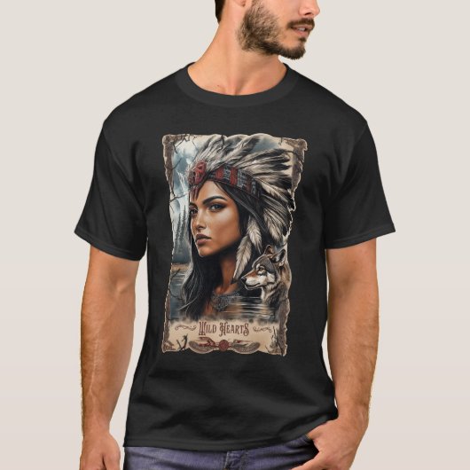 Indiaanse vrouw en wolf ontwerp t-shirt (Voorkant)