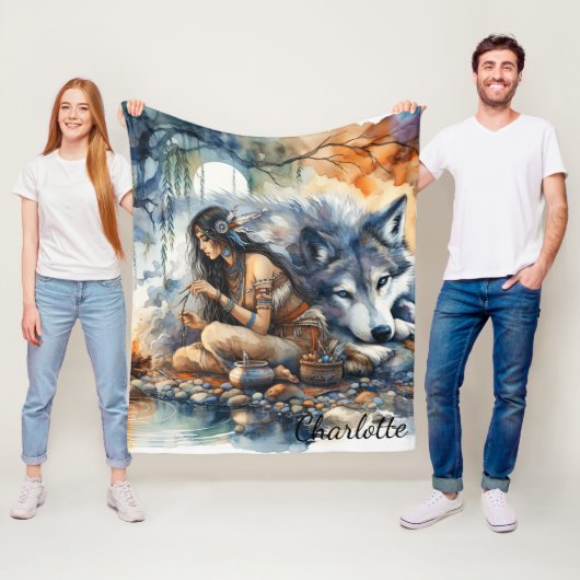 Indiaanse vrouw knutselt bij de rivier in de schem fleece deken (In situ)