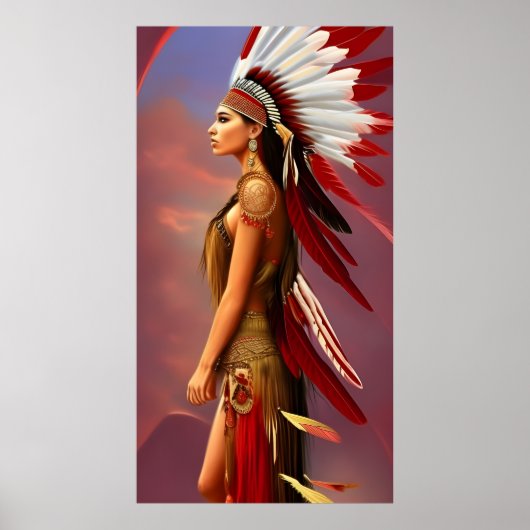 Indiaanse vrouw rode witte veren goud poster (Voorkant)