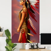 Indiaanse vrouw rode witte veren goud poster (Thuiskantoor)