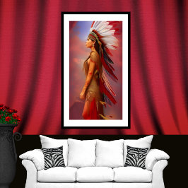 Indiaanse vrouw rood gouden veren blauw poster
