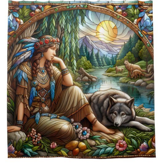 Indiaanse vrouw rust vredig uit met wolf douchegordijn (Voorkant)