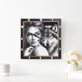 Indiaanse wolf zwart-wit vierkante klok (Huis)