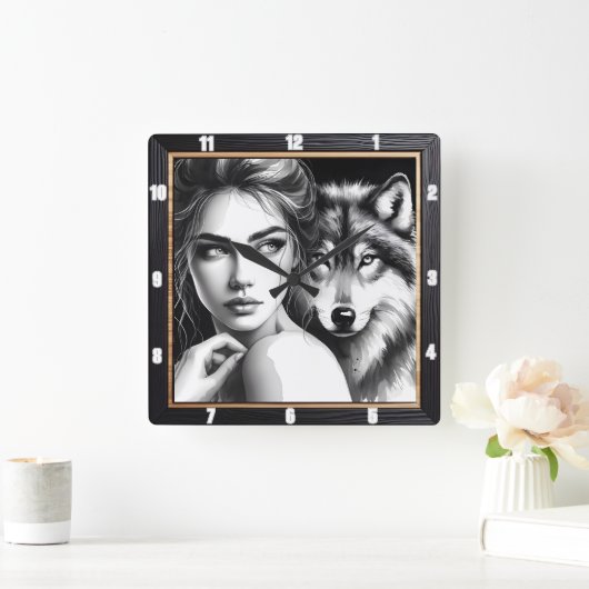 Indiaanse wolf zwart-wit vierkante klok (Huis)