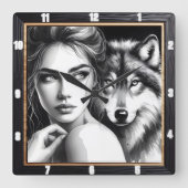 Indiaanse wolf zwart-wit vierkante klok (Voorkant)