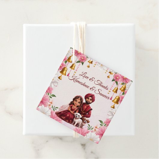 Indiaas bruidspaar met honden karikatuur gunst bedankjes labels (In situ)