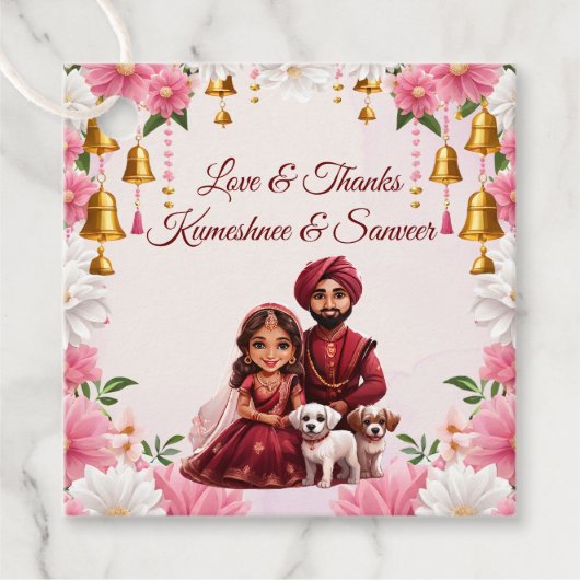 Indiaas bruidspaar met honden karikatuur gunst bedankjes labels (Voorkant)