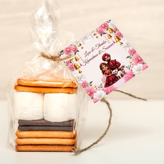 Indiaas bruidspaar met honden karikatuur gunst bedankjes labels