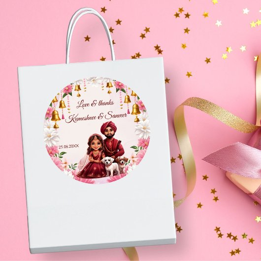 Indiaas bruidspaar met honden karikatuur gunst ronde sticker