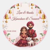 Indiaas bruidspaar met honden karikatuur gunst ronde sticker (Voorkant)