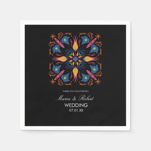 Indiaas bruiloft thema Elephant Floral Black Servet (Voorkant)