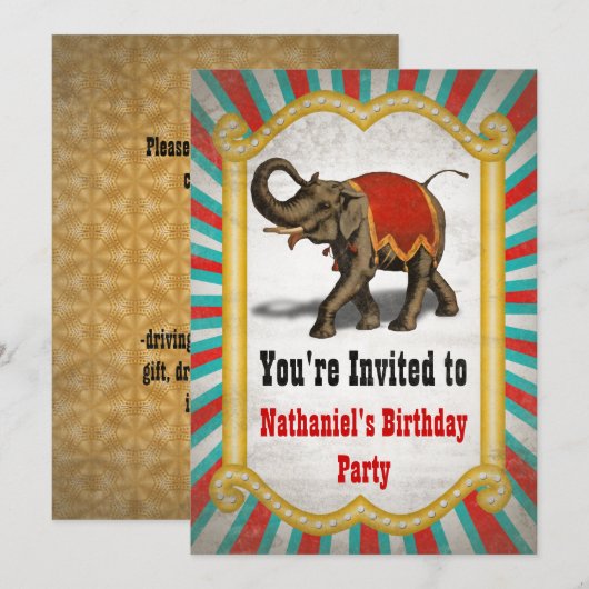 Indiaas Elephant Red Lijst Circus Birthday Party Kaart (Voorkant / Achterkant)