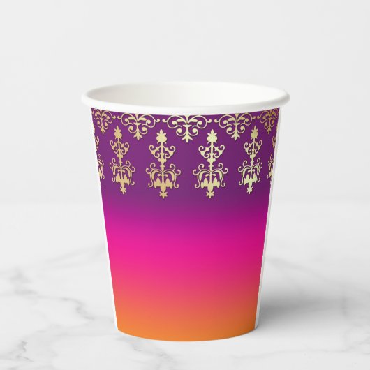 Indiaas huwelijksmonogram Damasroze Paars Sinaasap Papieren Bekers (Achterkant)