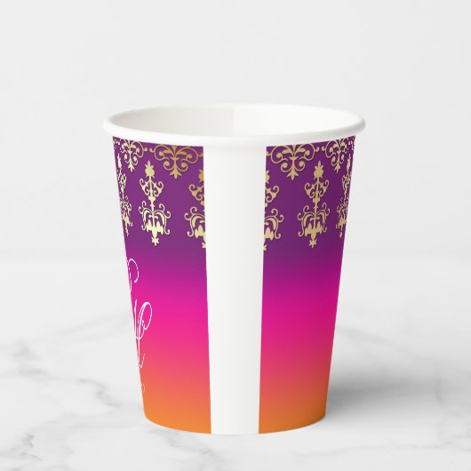 Indiaas huwelijksmonogram Damasroze Paars Sinaasap Papieren Bekers (Links)